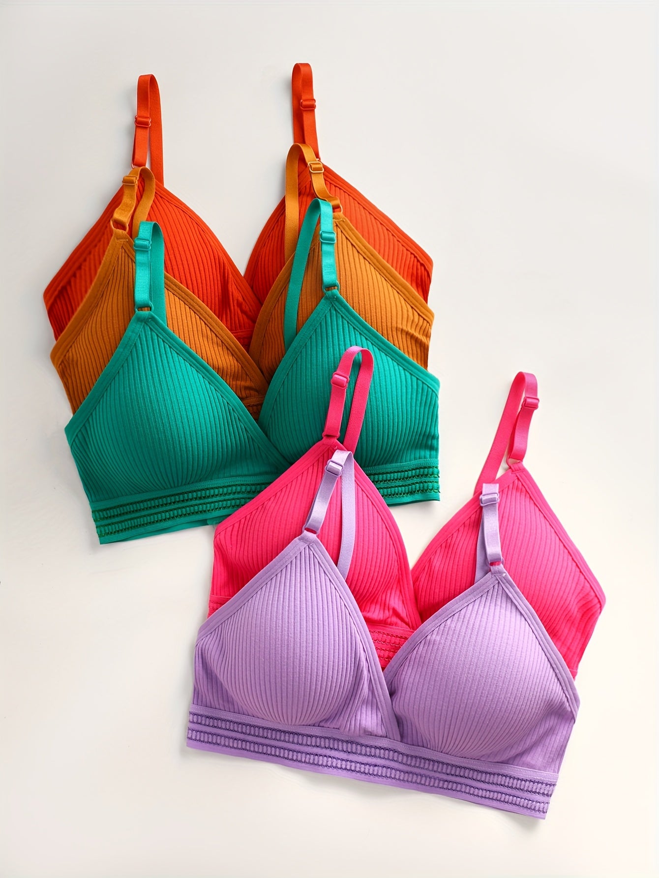 Set of 5 Wireless Bras with Ribbed Texture Soft Breathable Fabric Adjustable Straps