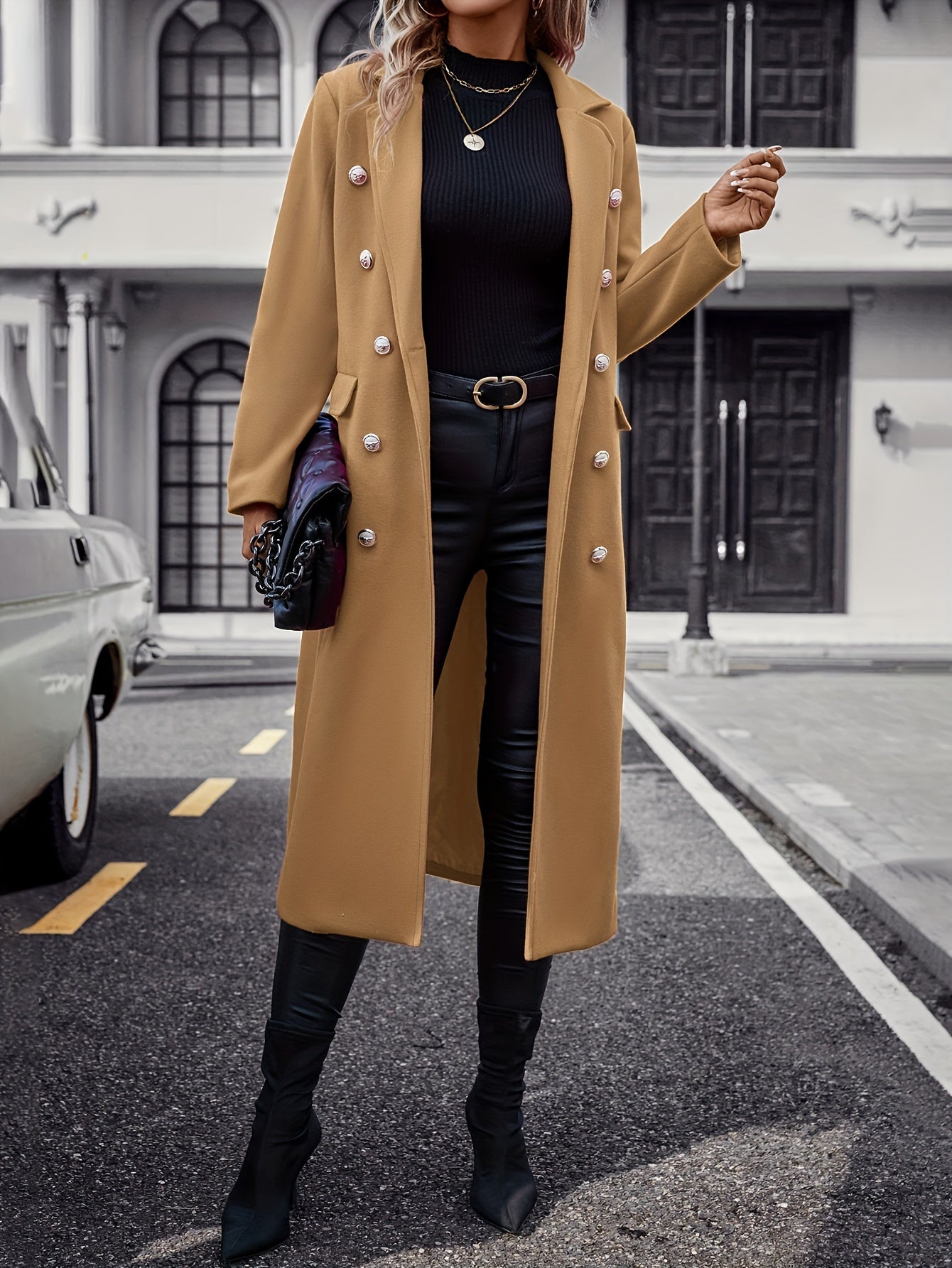 Women's Polyester Double-Breasted Coat with Lapel Long Sleeve Pockets Autumn Winter