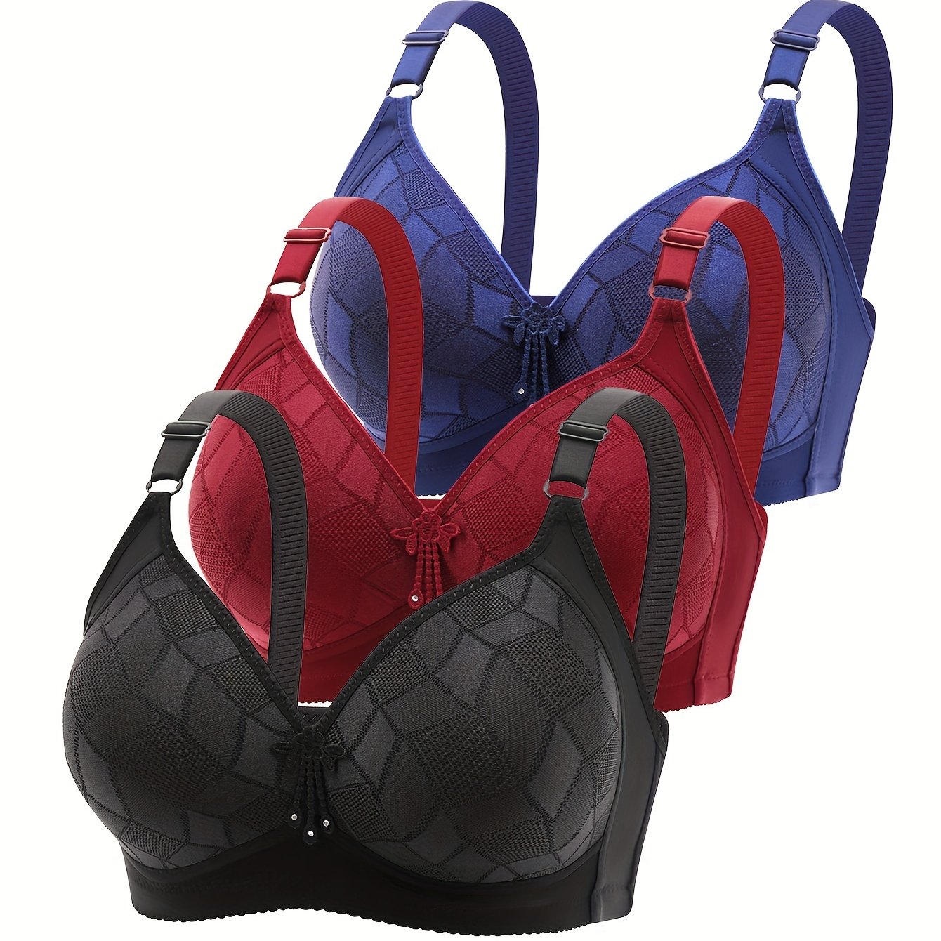 3 dona Ayollar uchun Plus Elegant Bra, Geometrik naqsh va Push Up dizayni bilan