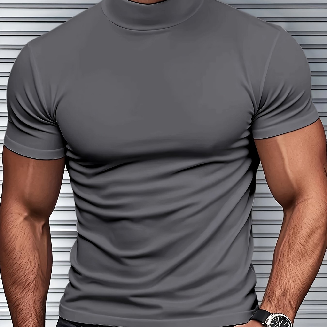 Men's Slim Fit Short Sleeve T-Shirt with Stand Collar Breathable Polyester Spandex for Gym and Outdoor Activities