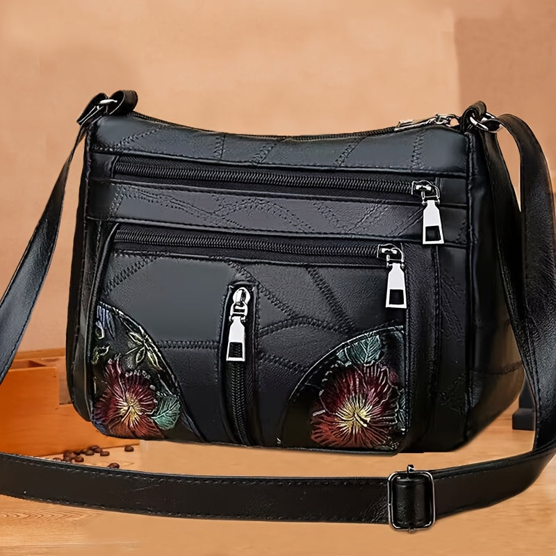 Men's Faux Leather Shoulder Bag with Floral Embroidery Large Capacity Casual Messenger