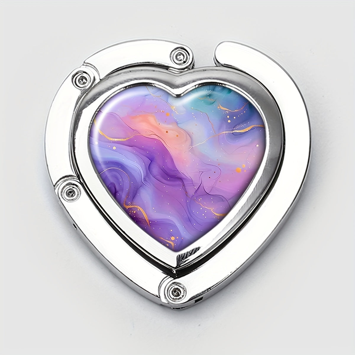 Portable Metal Handbag Hook with Boho Heart Foldable Design in Watercolor Purple Blue Pink
