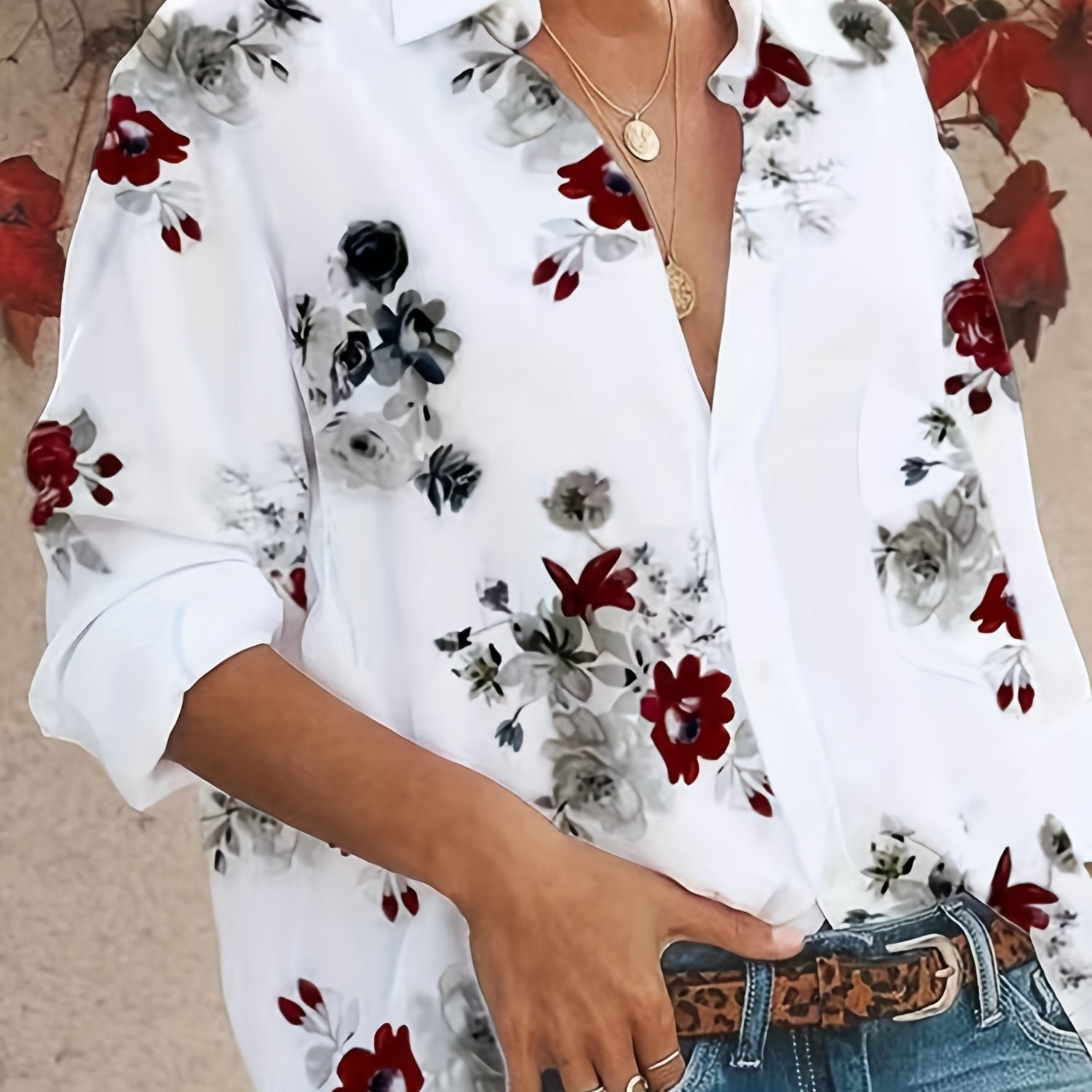 Women's Plus Size Floral Print Casual Blouse with Button-Up Front and Long Sleeves