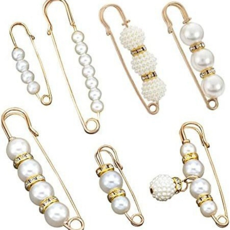 Ladies and Girls Imitation Pearl Brooch with 7-Piece Anti-Exposure Hat Clip Collar Pin