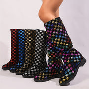 Women's Chunky Mid-Heel Slip-On Boots with Sequin Accents and Color-Block Design