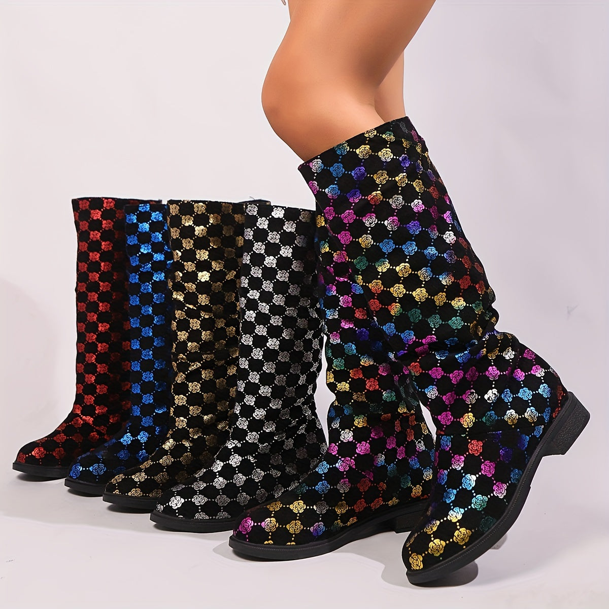 Women's Chunky Mid-Heel Slip-On Boots with Sequin Accents and Color-Block Design