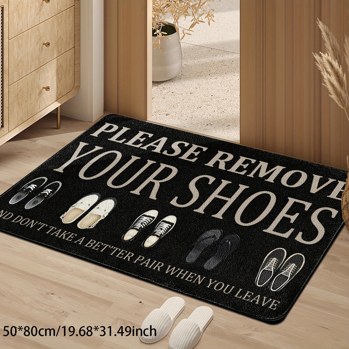 Hand-Washable Polyester Entryway Rug Non-Slip Mat with Shoe Prints and Message