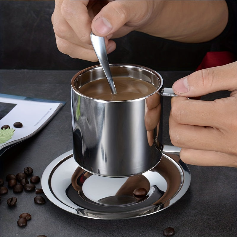 3pcs Stainless Steel European Coffee Cup Set with Spoons & Saucer