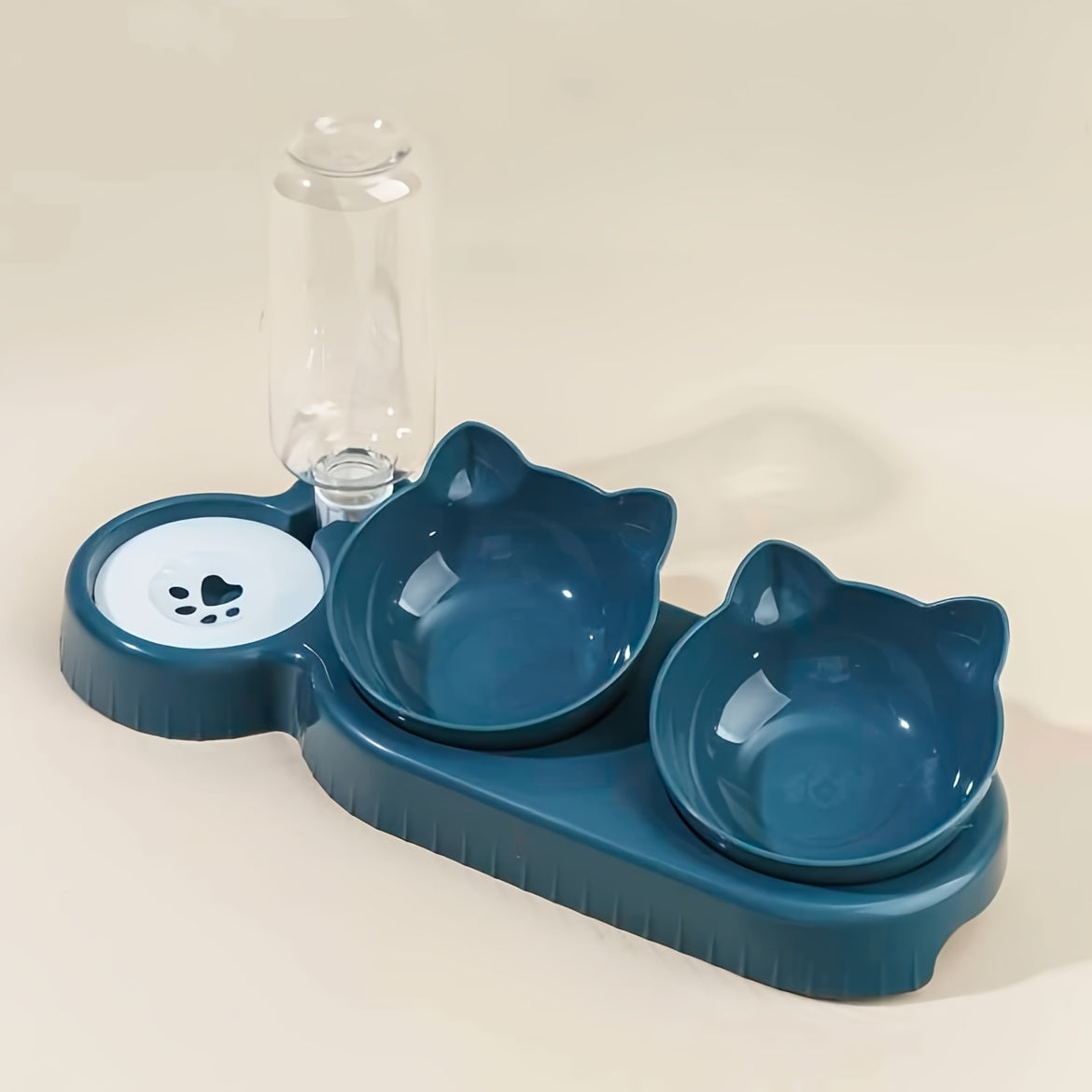 3-in-1 Anti-Tip Cat Feeding Station with Automatic Water Dispenser Elevated Bowls Blue Plastic