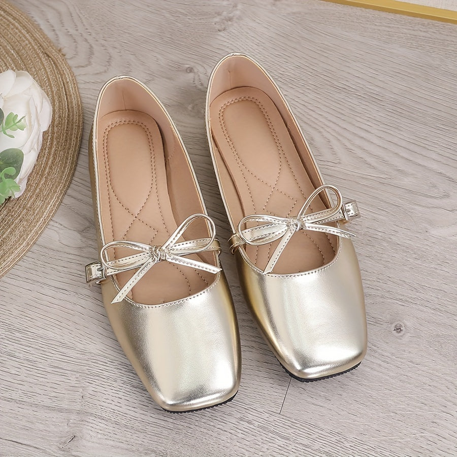 Zapatos planos de mujer con punta cuadrada y lazo, ligeros, negro beige