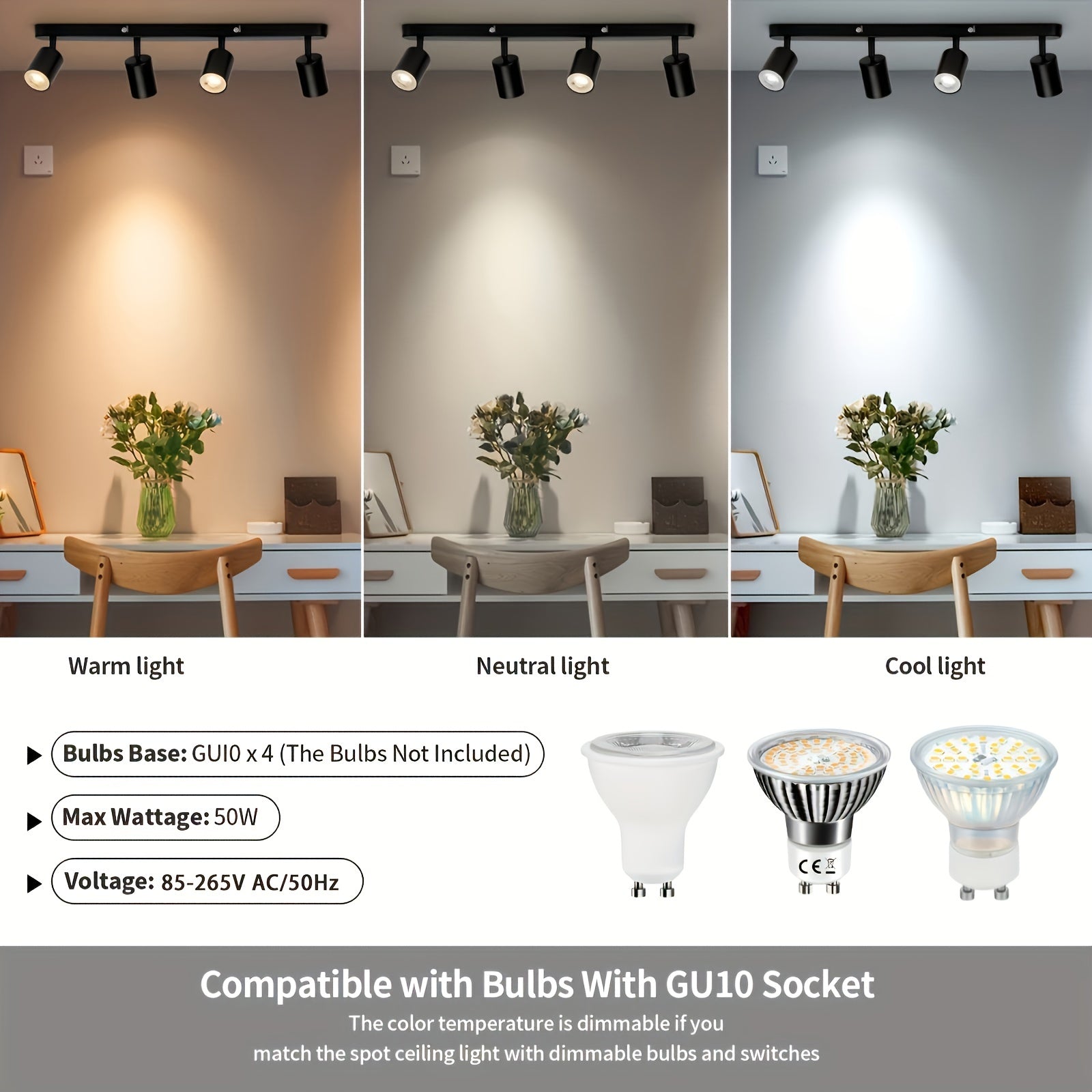 Zamonaviy qora proyektor bar uchun 4 ta aylanuvchi GU10 lampali LED shift chirog'i, oshxona, yotoqxona va yashash xonasi uchun mos (lampalar kiritilmagan).