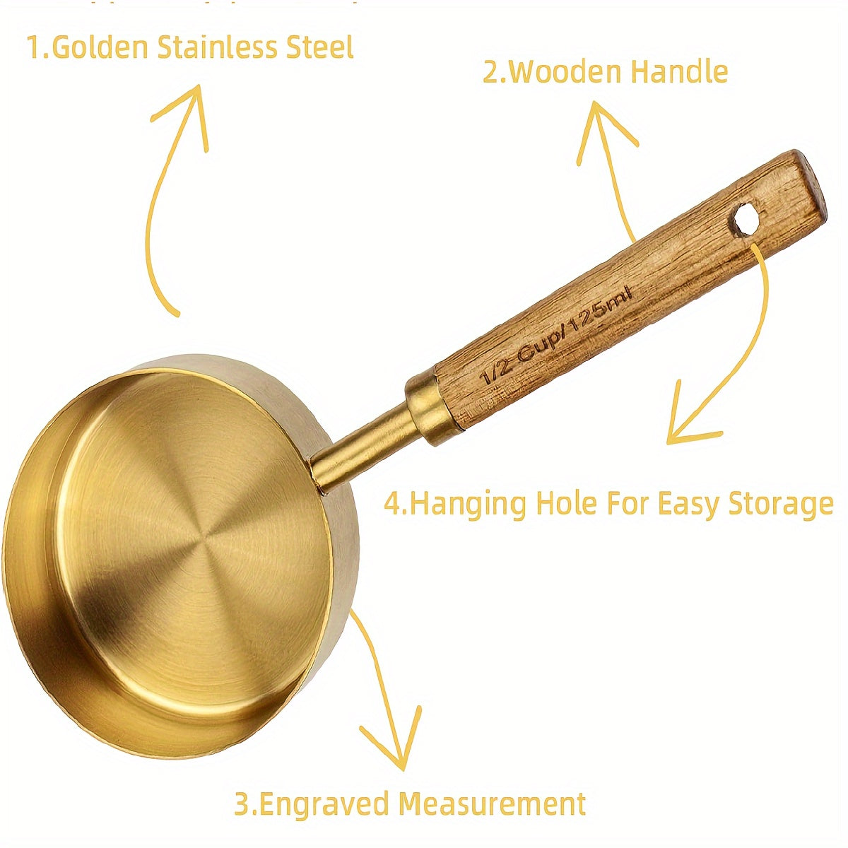 Golden Measuring Cup and Spoon Set with Wooden Handles, Durable Metal, Accurate Measurements