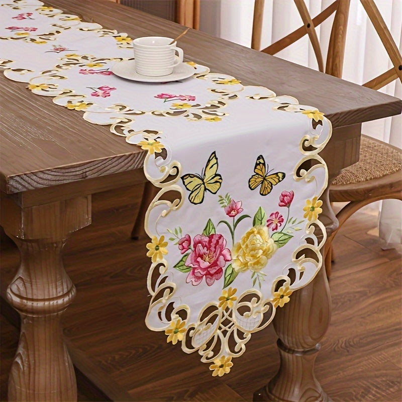 Polyester Table Runner with Hand-Cut Embroidered Flowers and Butterflies White Floral Decor