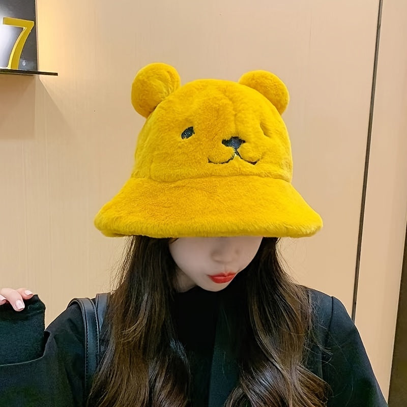 Women's Fuzzy Bucket Hat with Bear Embroidery Yellow White Cozy Winter Wear