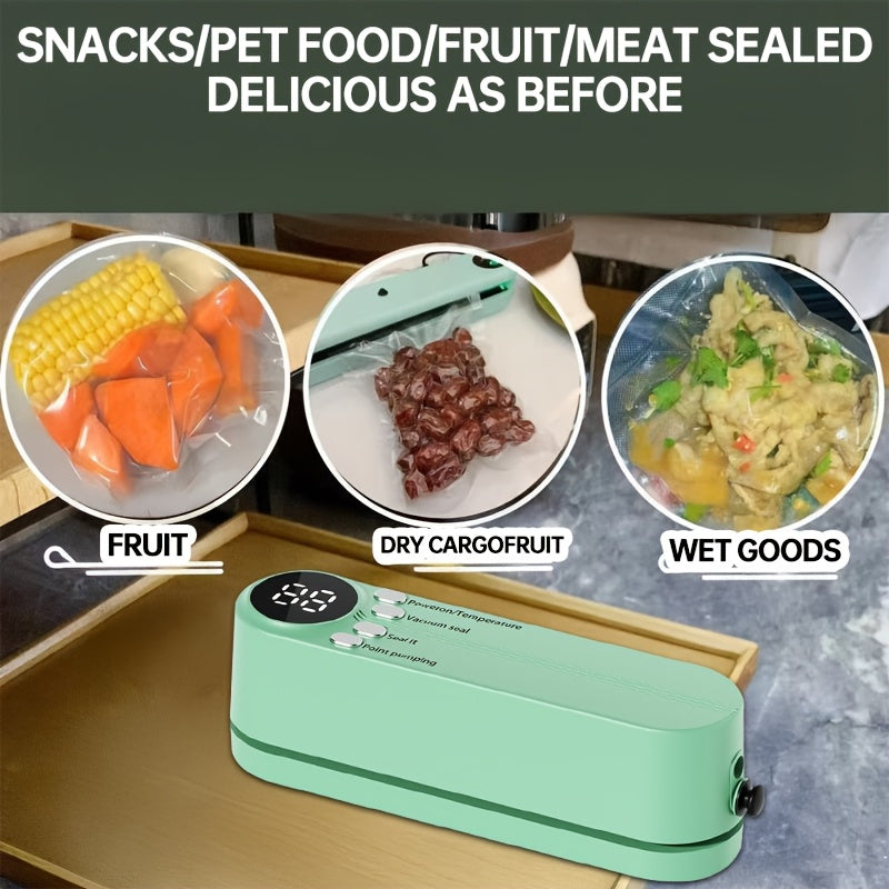 Kompakt JKUOO Portativ Oziq-ovqat Yopish Qurilmasi to'plami USB bilan qayta zaryadlanadigan, avtomatik atıştırmalık yopish tizimi bilan 20 ta fermuarlı sumka, 3 ta rulonli vakuum sumkalarini o'z ichiga oladi. Oshxona va tashqaridagi pikniklar uchun ideal.