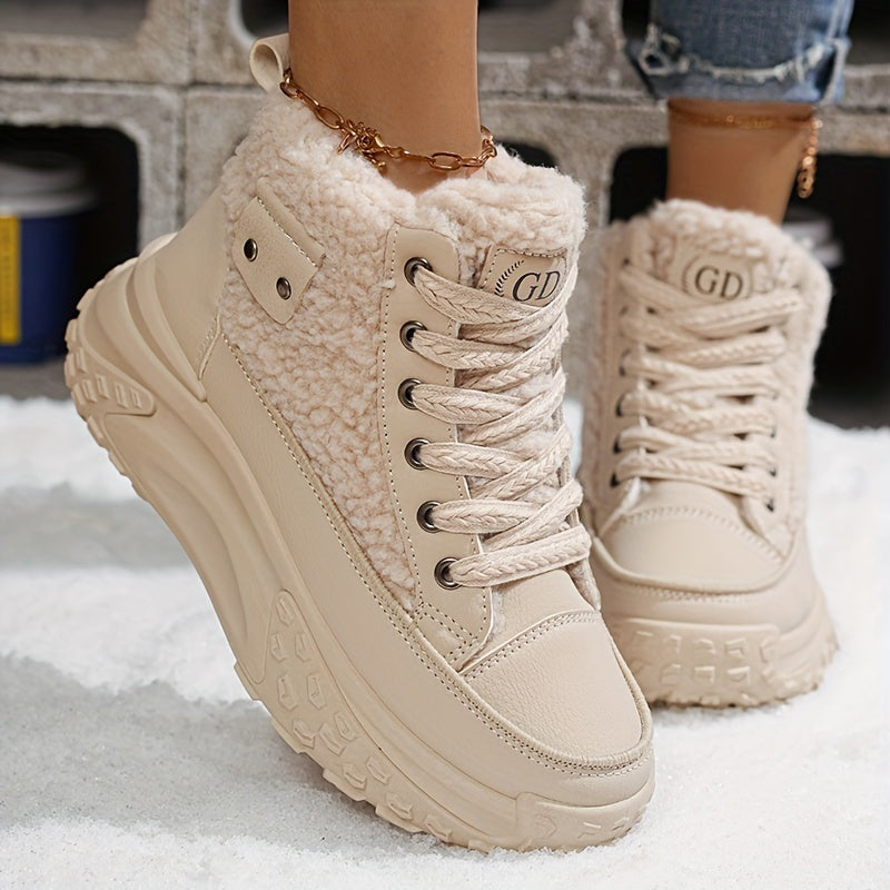 Women’s Chunky Platform Ankle Boots Winter Fleece-Lined Low Heel Lace-Up Shoes