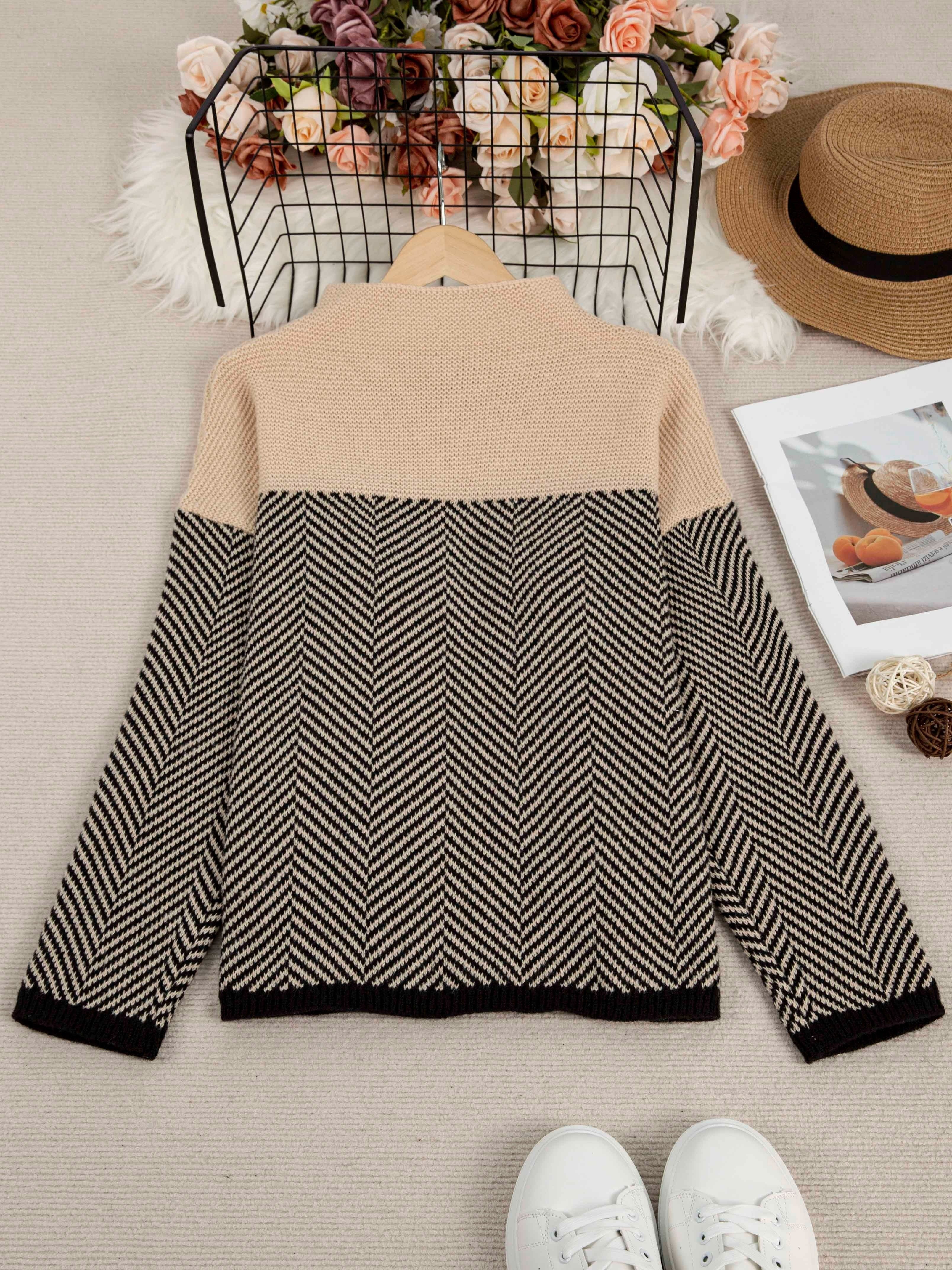 Women's Plus Size Color Block Knit Sweater Long Sleeve Pullover