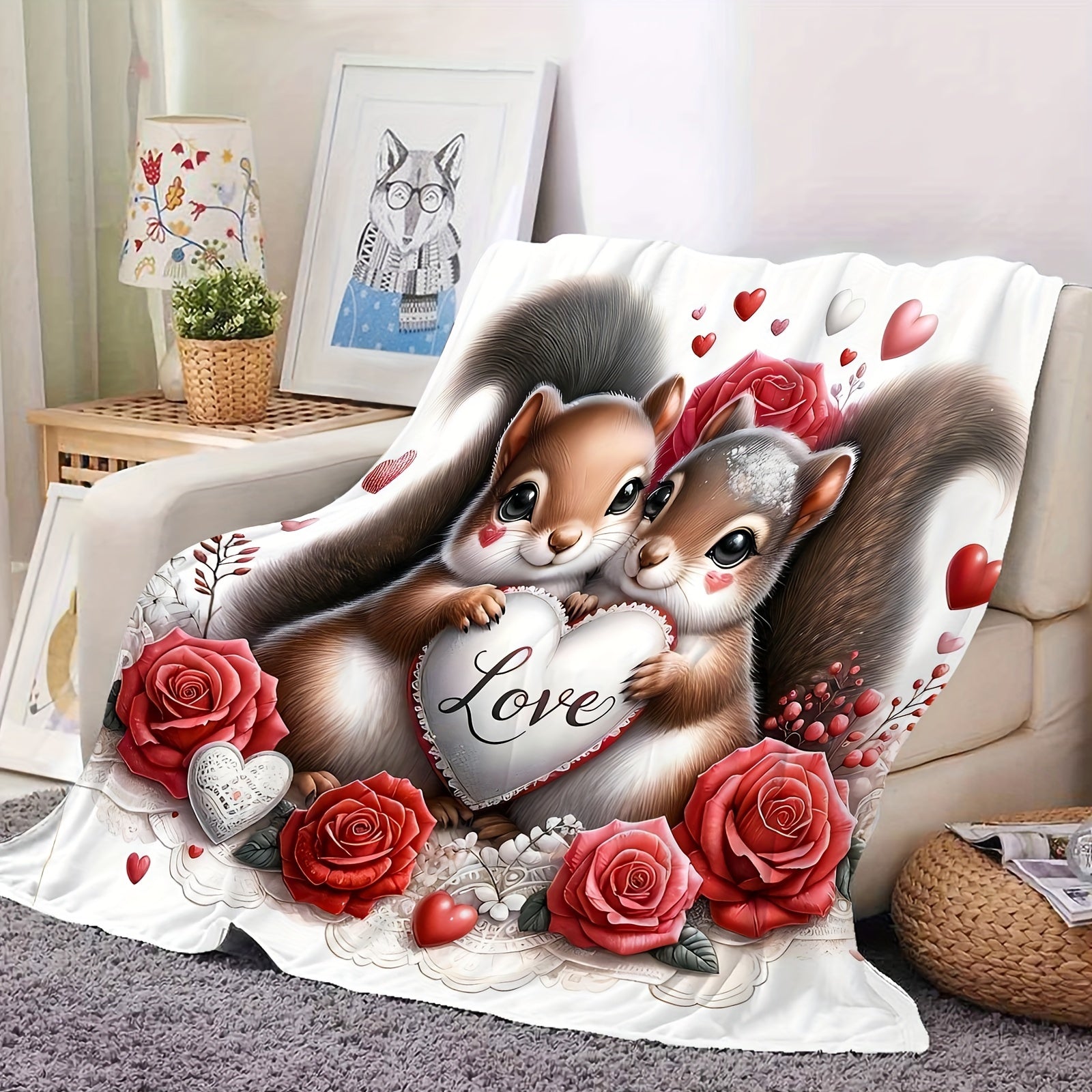 Cozy Squirrel Print Flannel Throw Blanket for Couch Bed Travel Machine Washable