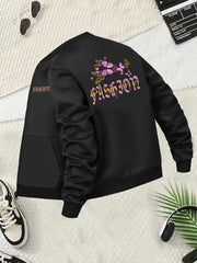 Plus Size Women's Casual Baseball Collar Jacket Black Pink Floral Butterfly Print