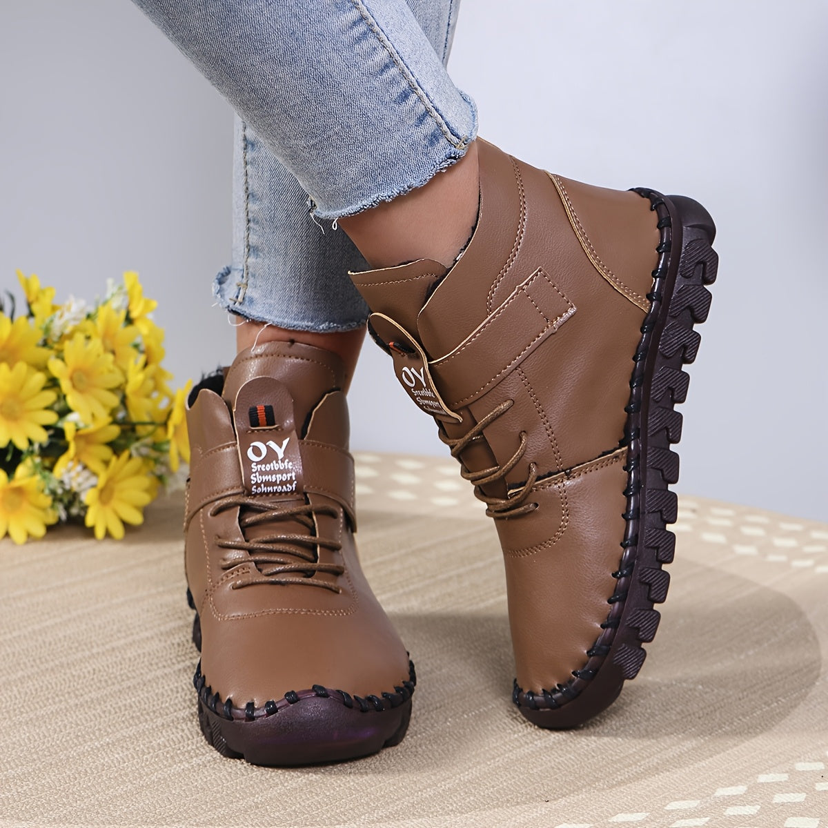 Women's White Brown Casual Mid-Top Shoes Faux Cover Fluffy Lining