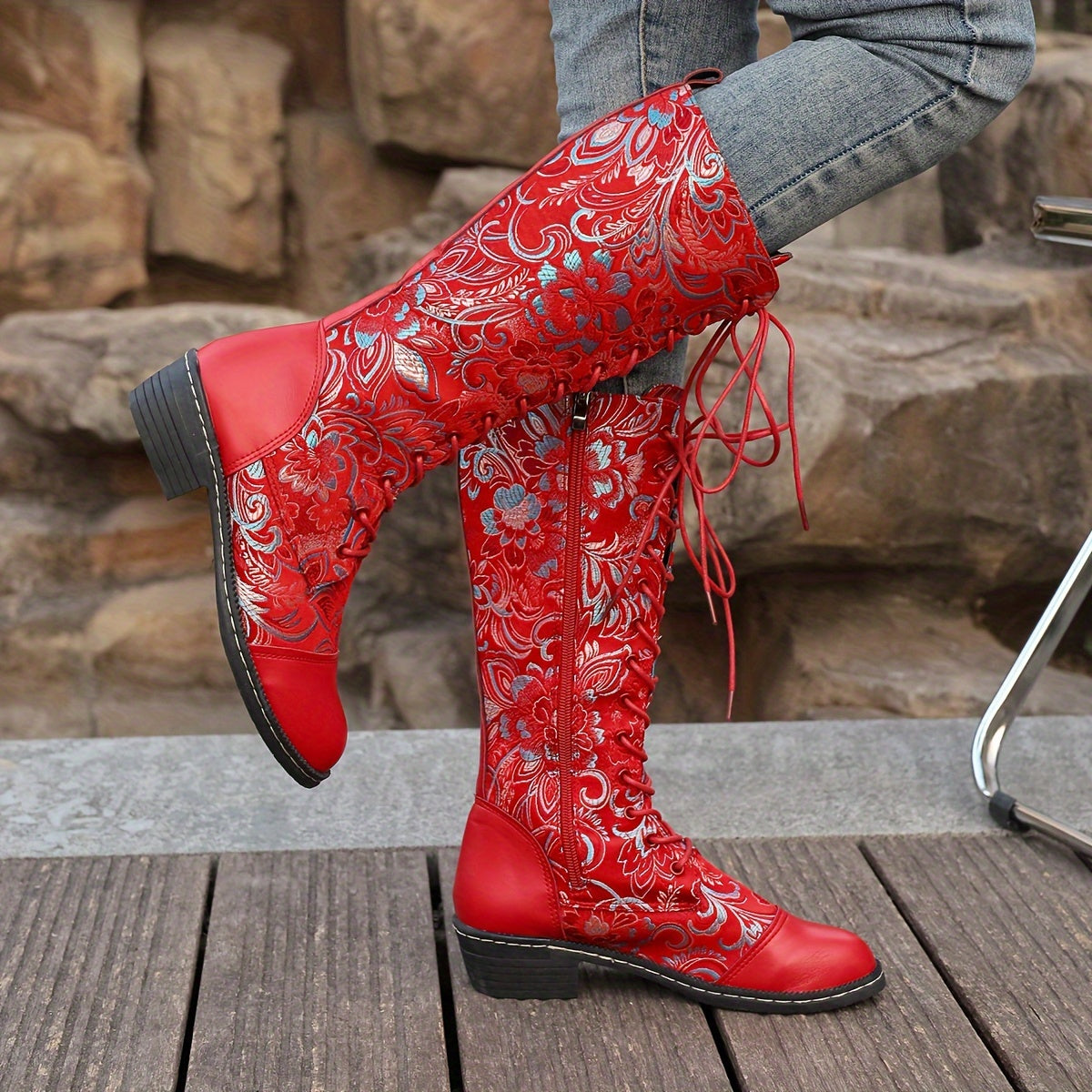 Women's Ethnic Style Lace-Up Mid-Calf Boots Colorful Patterns Casual Shoes