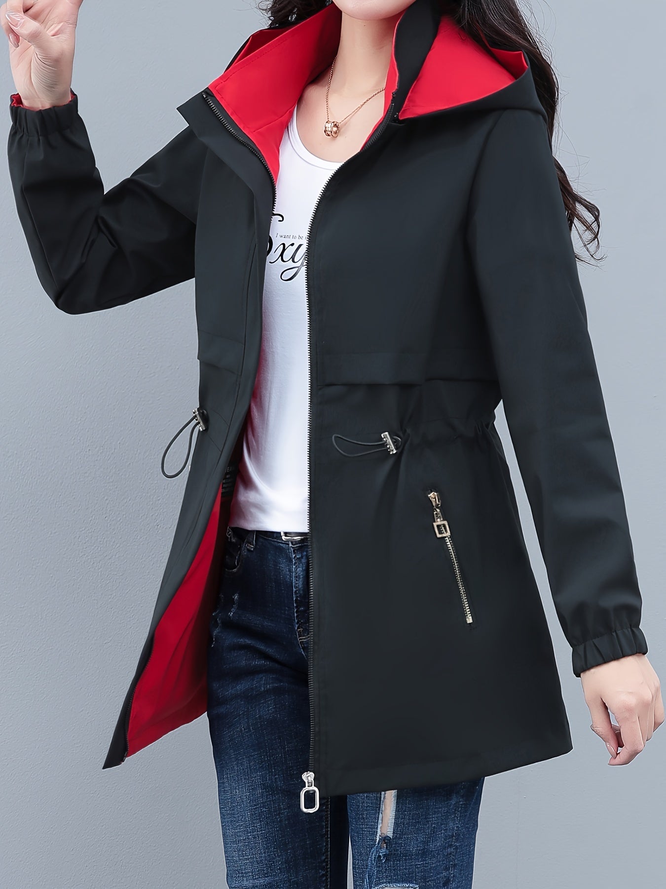 Women's Color Block Windbreaker Hoodie Jacket with Zipper Pockets for Spring Fall