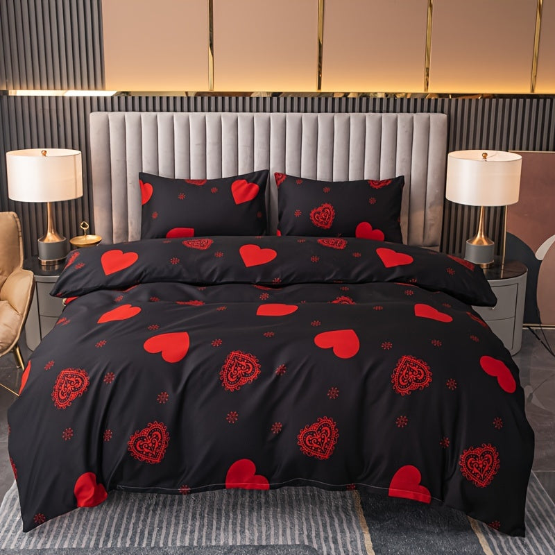 3-Piece Festive Bedding Set Heart Pattern Duvet Cover and Pillow Cases Polyester Fleece