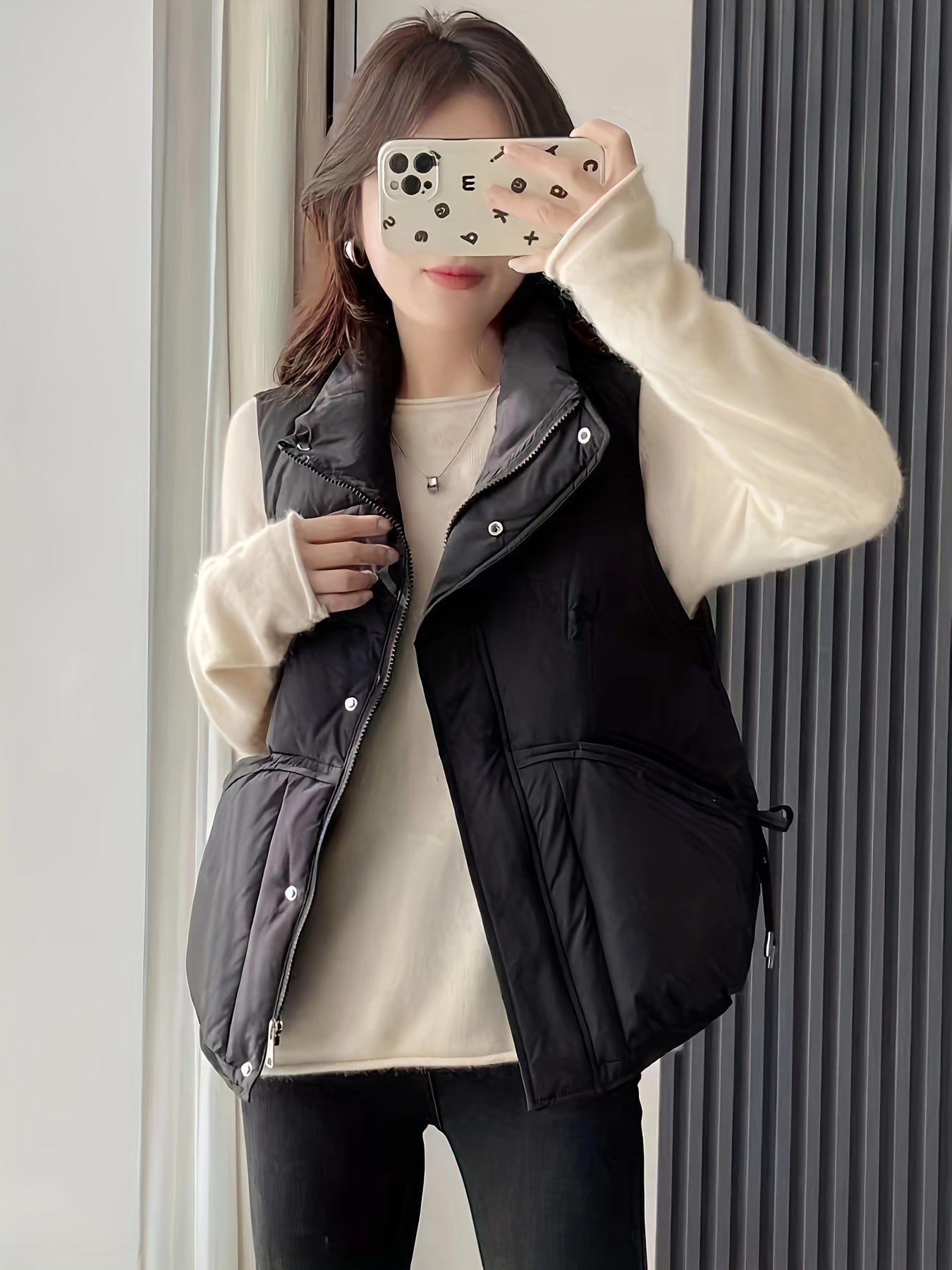 Women's Waterproof Sleeveless Puffer Vest in Solid Cream Polyester for Casual Wear