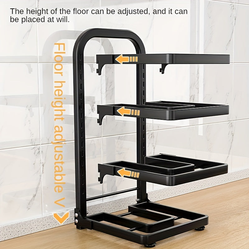 Регулируемая полка для кухонных кастрюль с 3 уровнями — открытая конструкция для легкого доступа, простая установка и надежное решение для хранения вашей посуды.