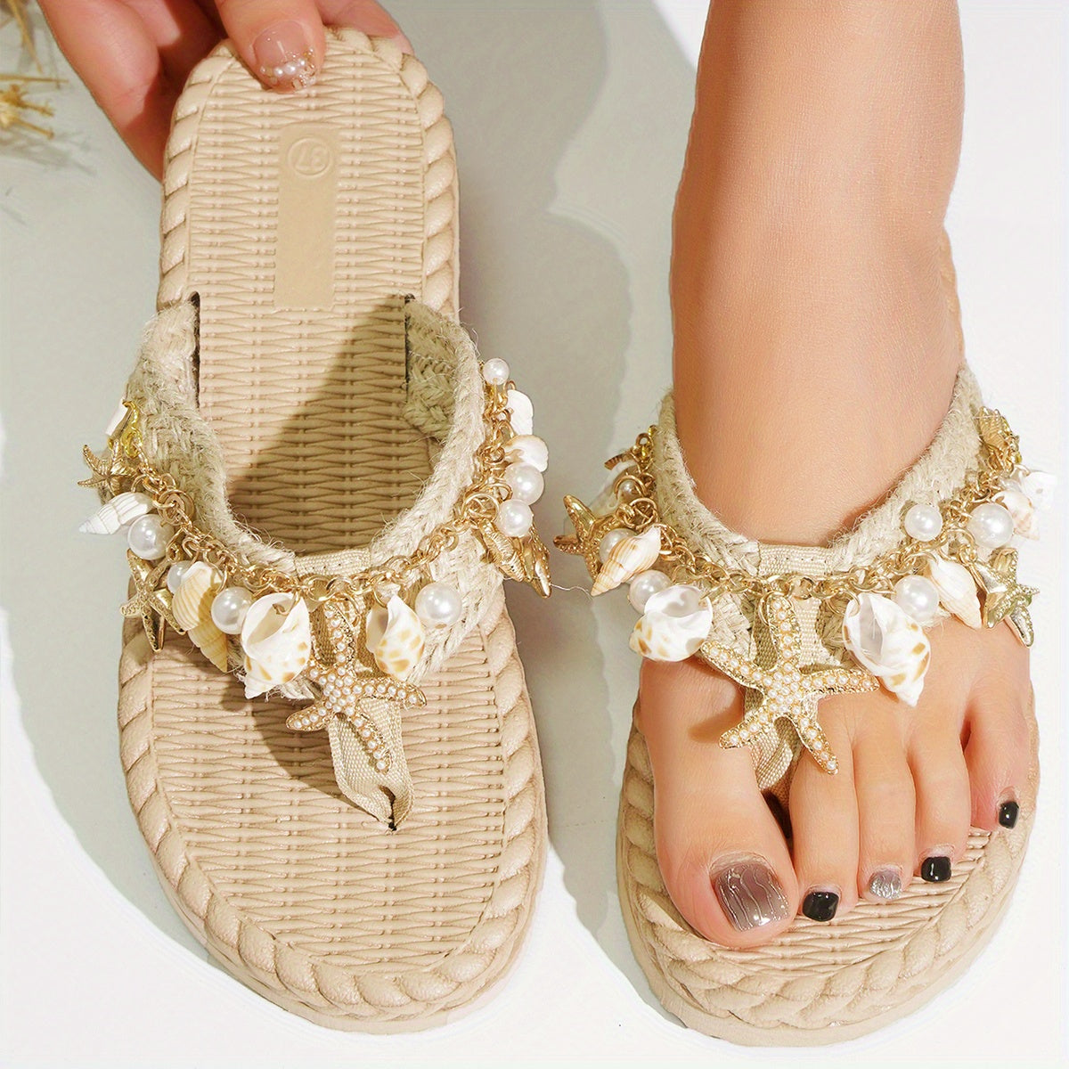 Women's Summer Slip-On Sandals with Braided Jute Straps Shell Charms