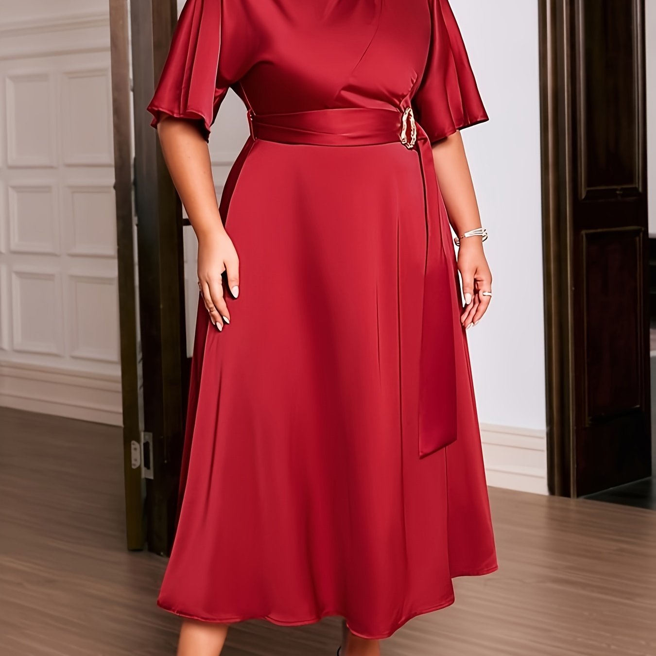 Women's Plus Size Long Dress Polyester Spandex Blend Crew Neck Short Sleeve Wedding Guest