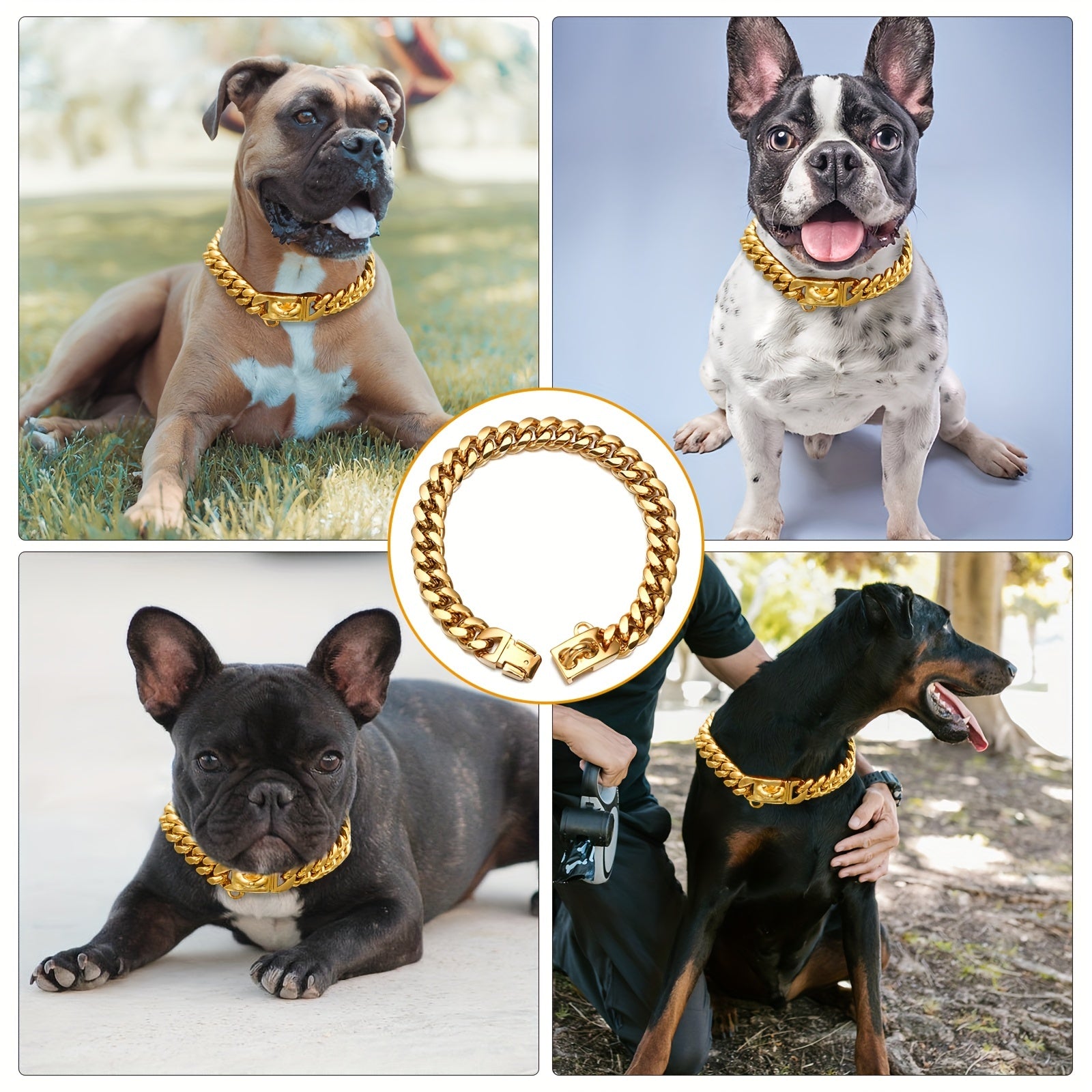 Stainless Steel Dog Collar with Gold Chain Waterproof Anti-Chew Durable Pet Accessory