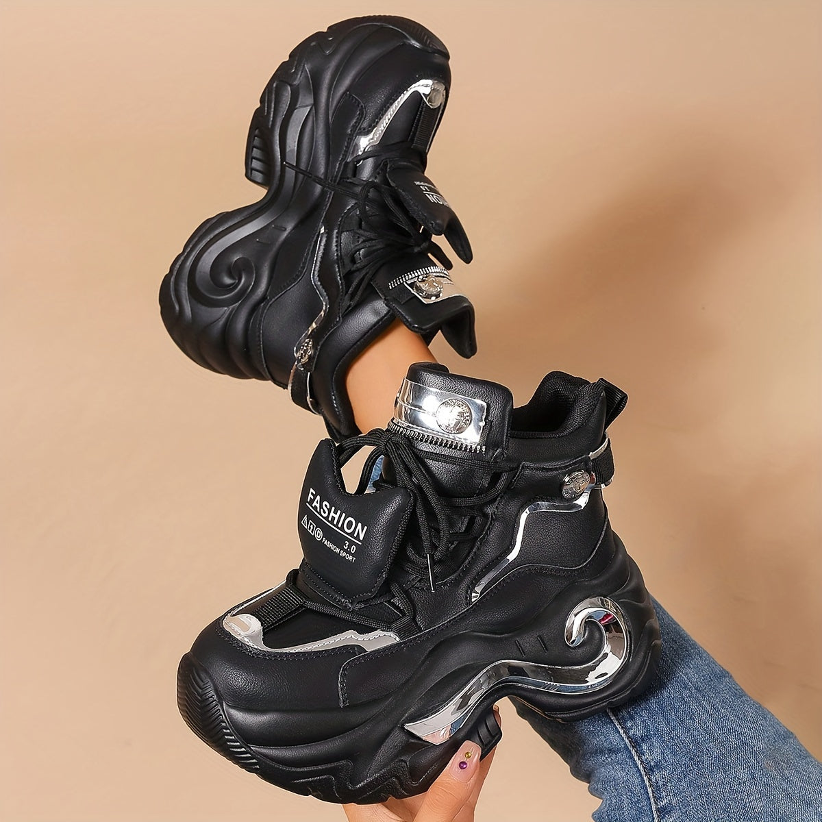 Women's Chunky Platform Sneakers High-Top Lace-Up White Casual Shoes