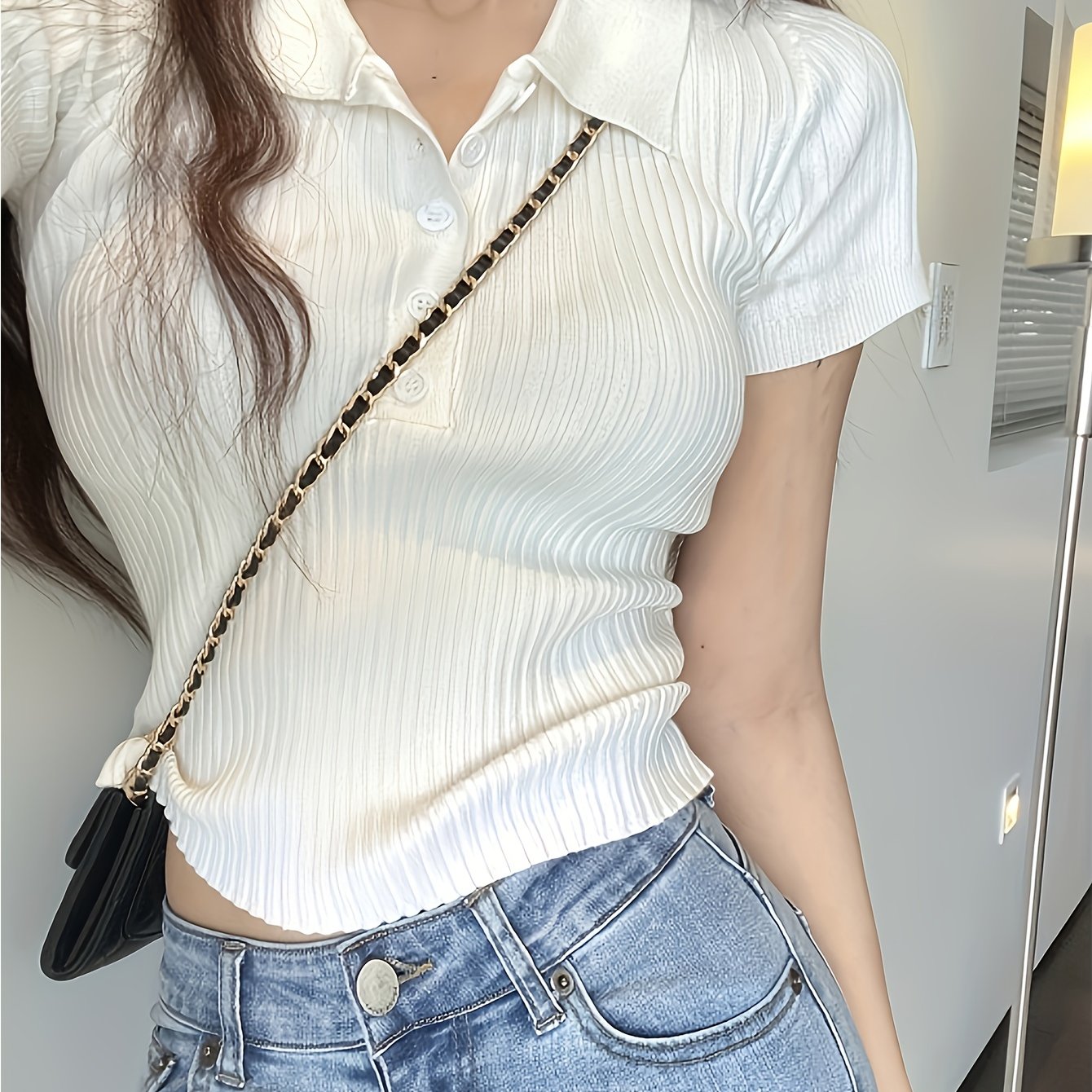 Women's Summer Polo Shirt Viscose Stretch Button Solid Casual