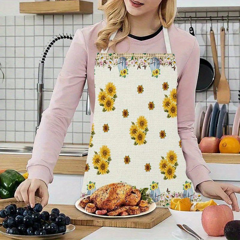 Delantal de lino con patrón de girasoles para cocinar y comer, sin mangas, babero para cocina