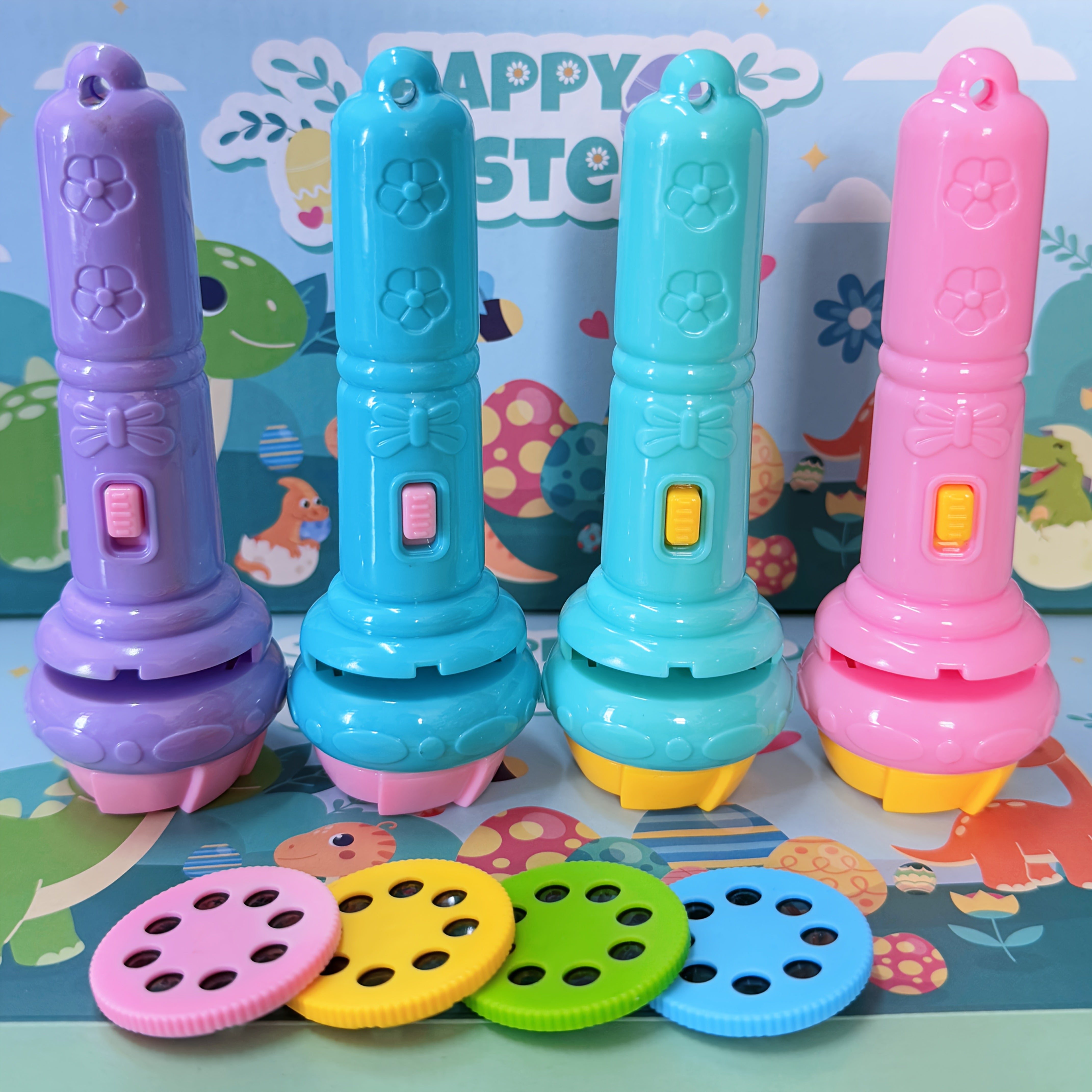 Educational Toy Projector Flashlight for Kids with 32 Dinosaur Animal Fruit Designs in Pink Purple Green Blue
