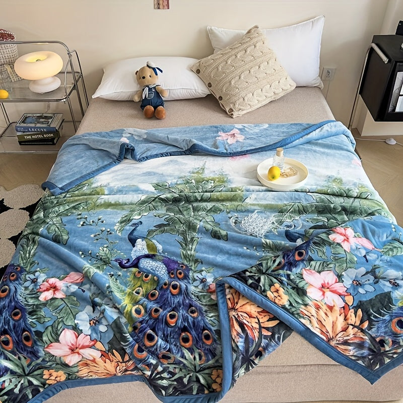 Luxurious Peacock and Floral Coral Fleece Throw Blanket Thick Milk Velvet Cozy Nap Office Use Year-Round Warmth