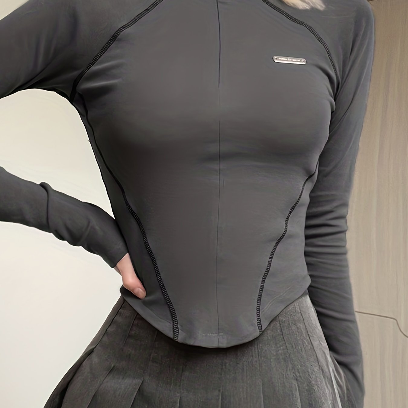 Camiseta deportiva casual para mujer con cremallera invisible, cuello alto, manga larga, otoño-invierno, estilo motocicleta