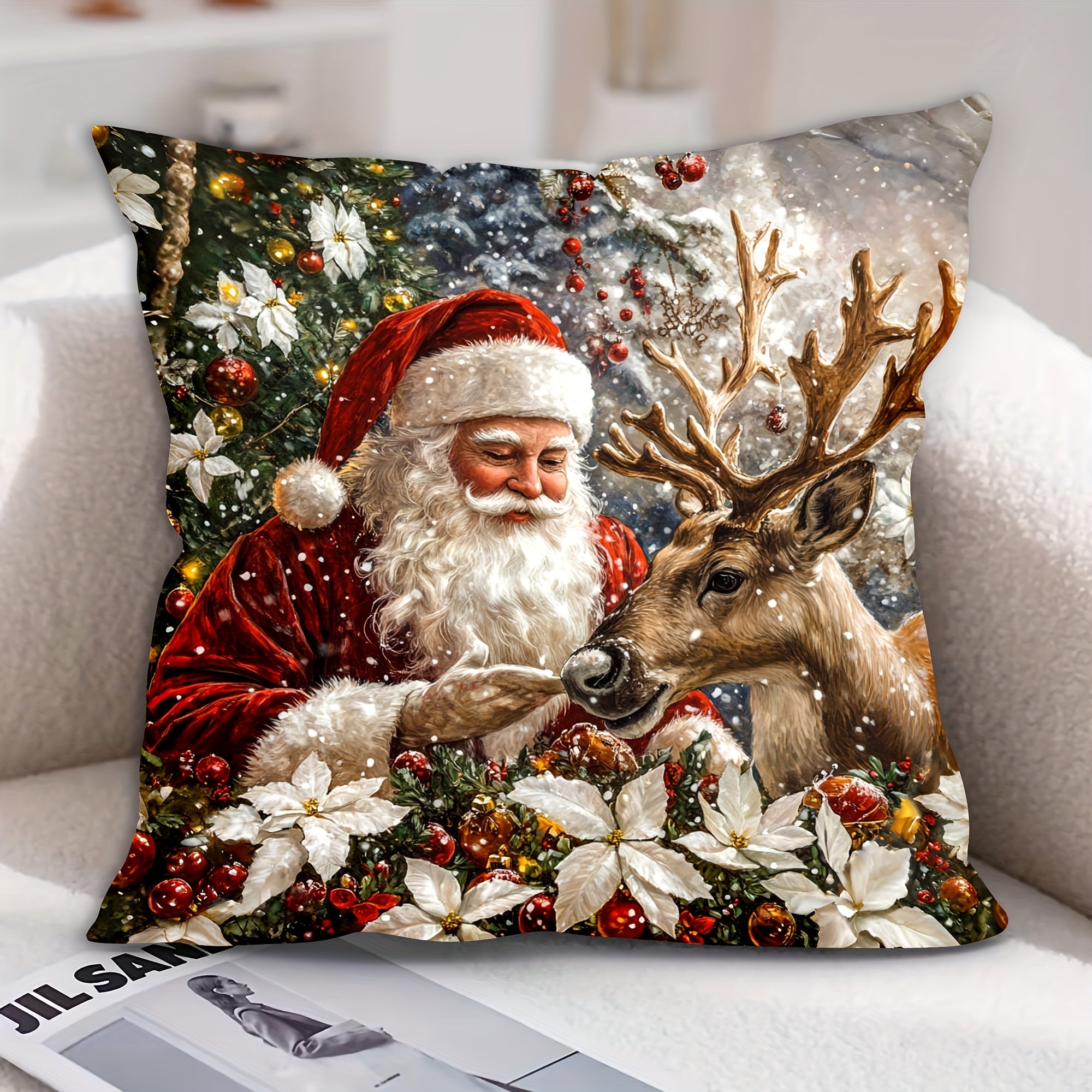 Rojdestvo Santa Rəindeer Velur Yostiq qopqog'i 44.96x44.96 sm Zipper Mashina yuvish mumkin