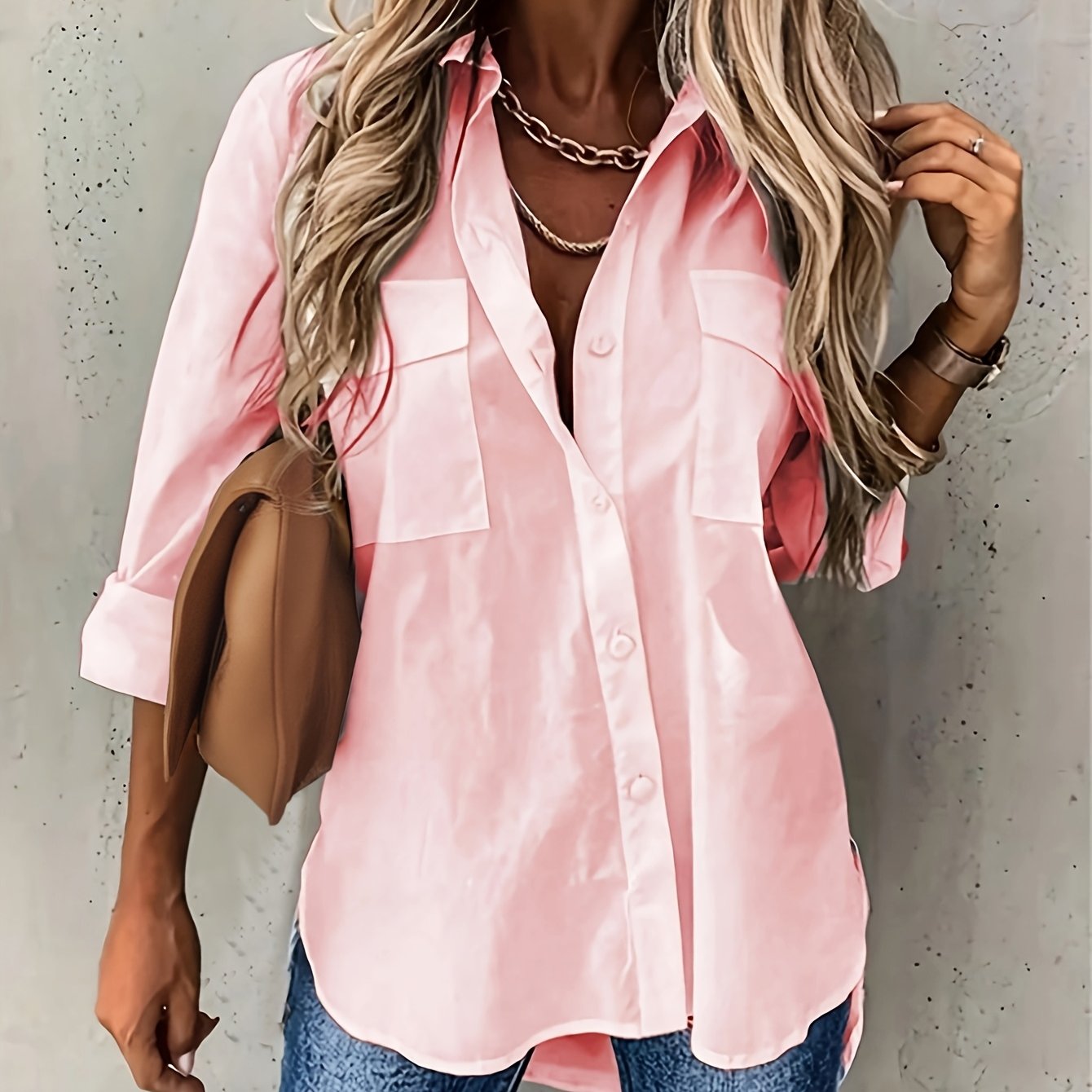 Plus Size Women's Chambray Short Sleeve Button-Up Shirt Casual Office Wear