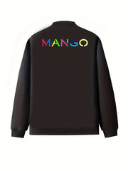 Plus Size Women's Black Cotton Polyester Bomber Jacket with Colorful Lettering