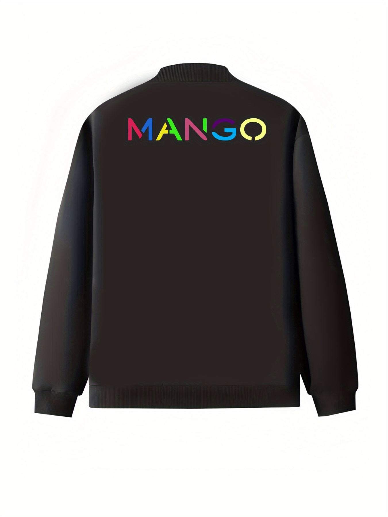 Plus Size Women's Black Cotton Polyester Bomber Jacket with Colorful Lettering