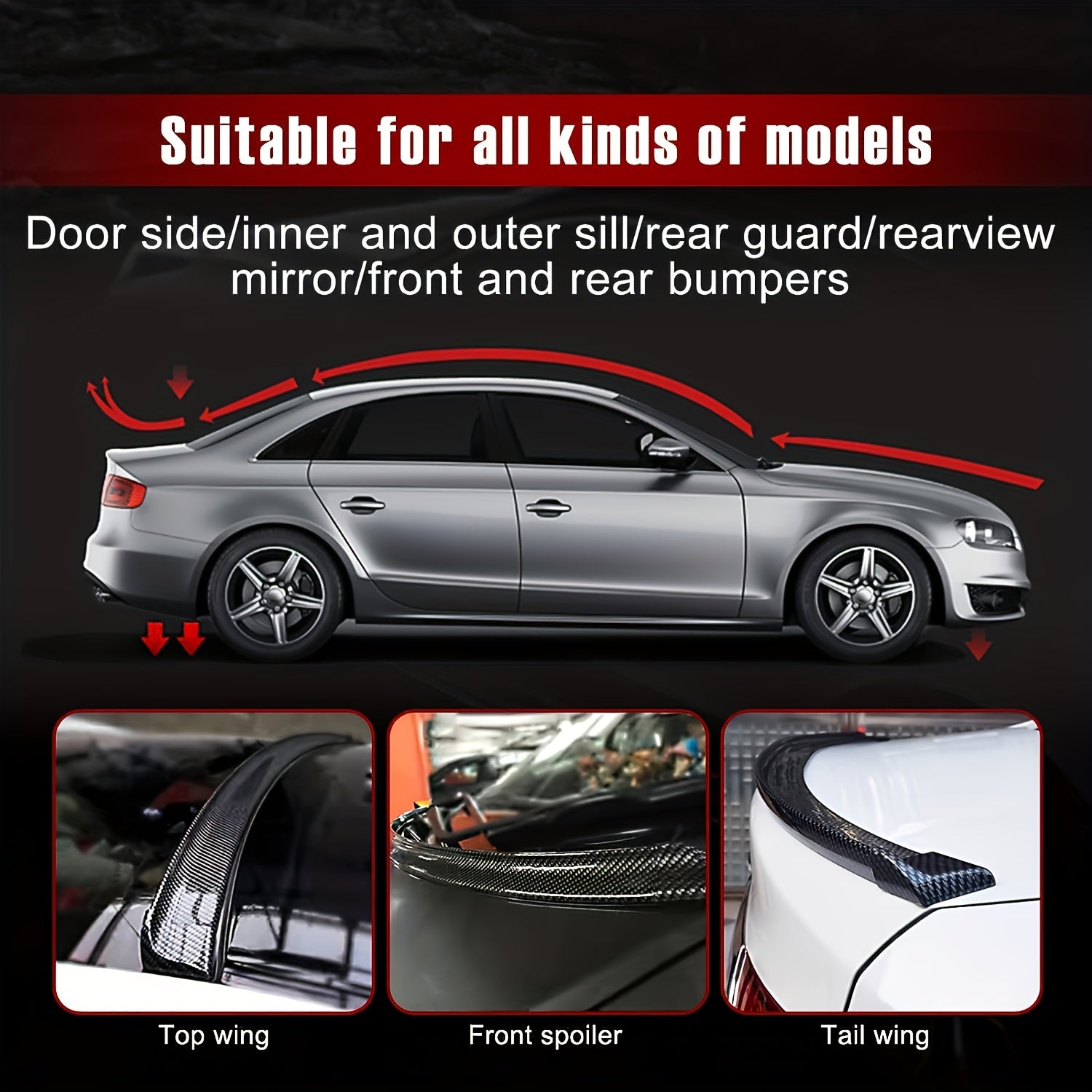 Universal Carbon Fiber Look Rear Wing Spoiler No Drill Soft Rubber Car Decoration