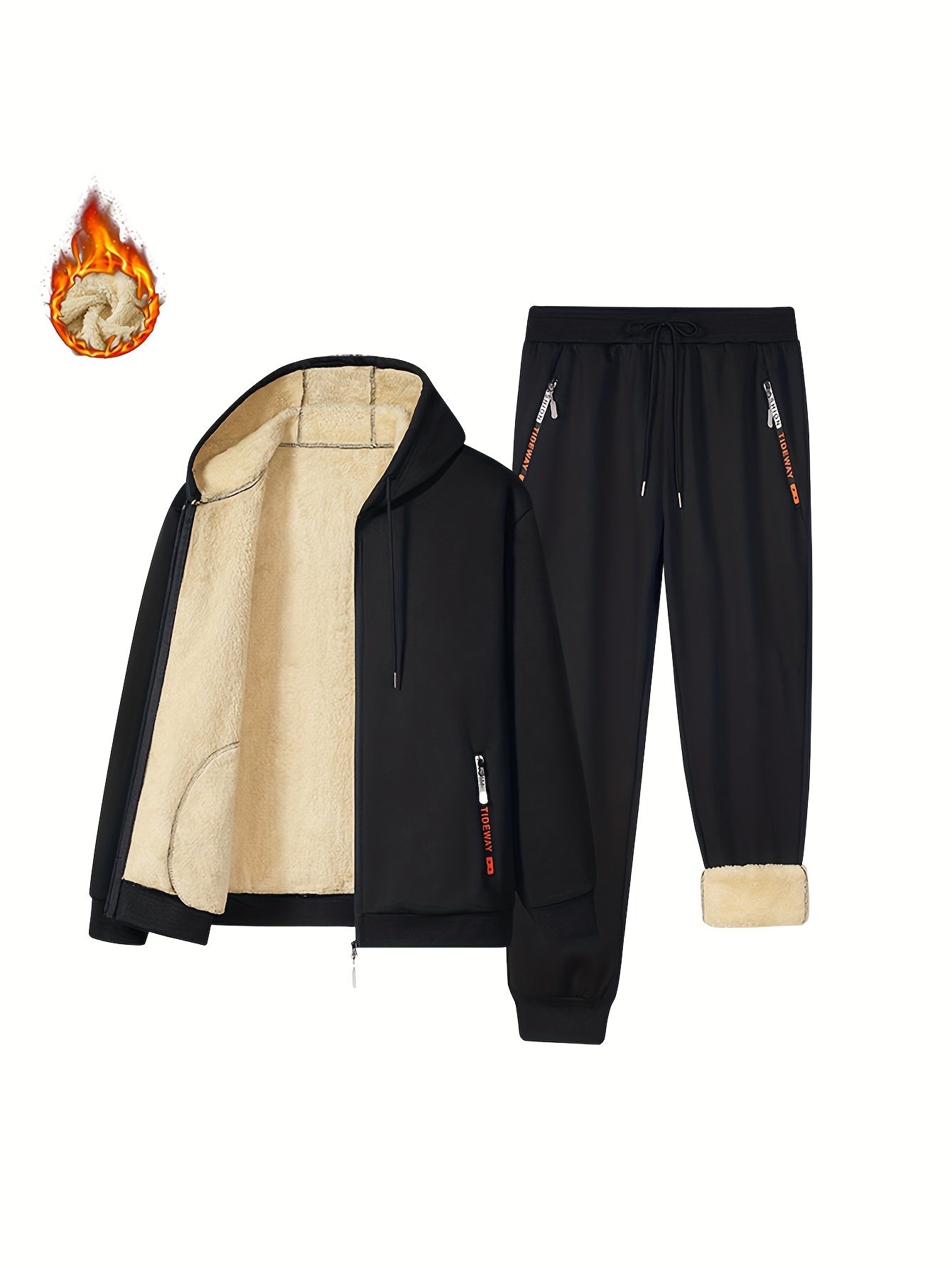 Men's Fleece Lined Tracksuit Set Hooded Zip-Up Coat and Drawstring Pants for Fall Winter