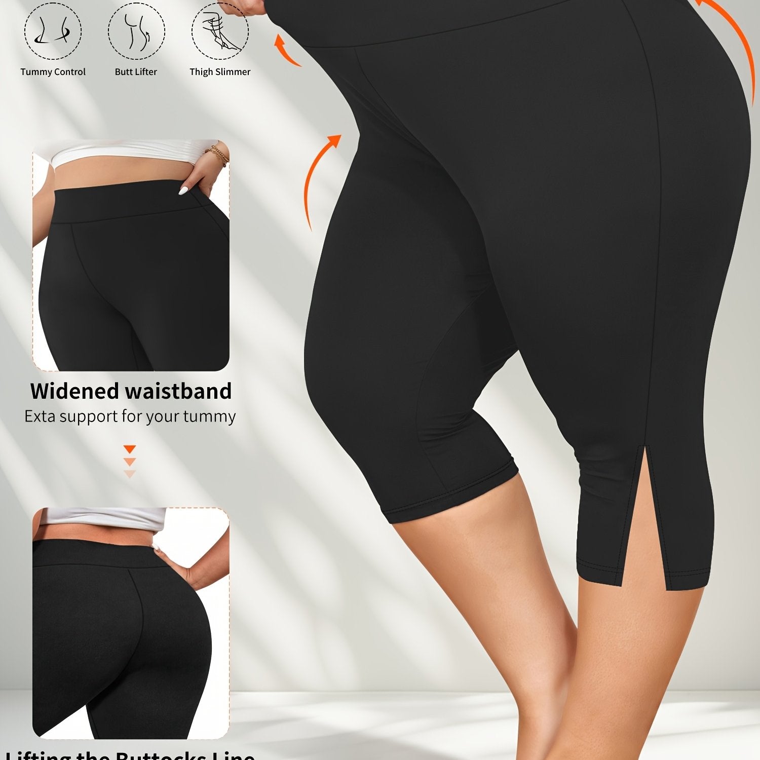 Plus Size Women's Flat Waist 7-Pocket Leggings with Side Slits for Spring Summer