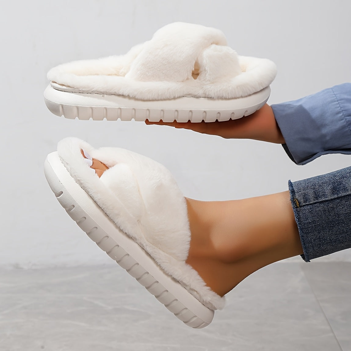 Women's Faux Fur Slippers with EVA Sole Indoor House Shoes