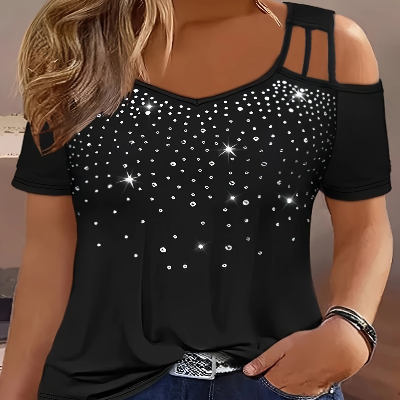 Top para mujer de talla grande con pedrería brillante y adornos de pedrería