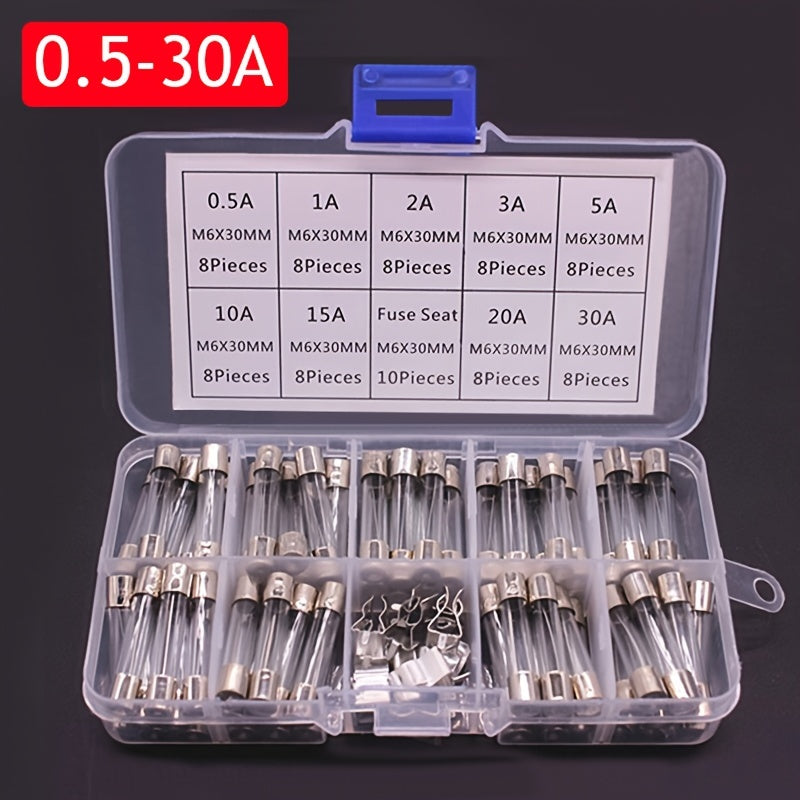 72Pcs Assorted Glass Tube Fuse Kit 0.2A–30A, 5x20mm & 6x30mm