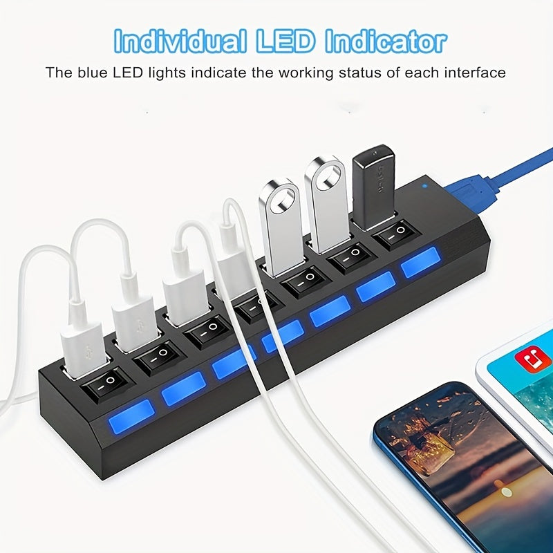 7-Port USB 3.0 Hub with LED Switch Fast Data Transfer Compatible with Laptops and PCs