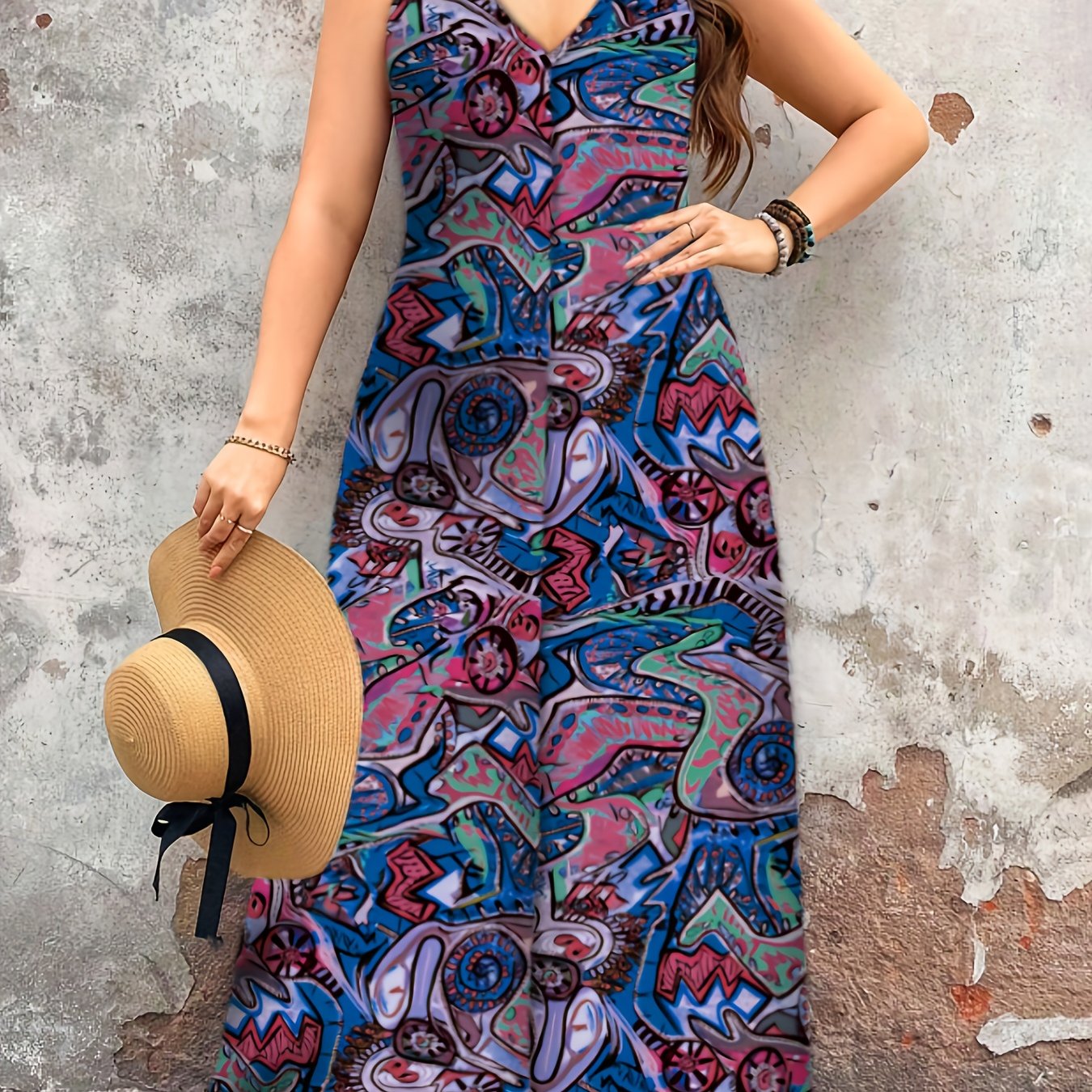 Plus Size Women's V-Neck Maxi Dress Floral Wrap Long Dress for Party Casual